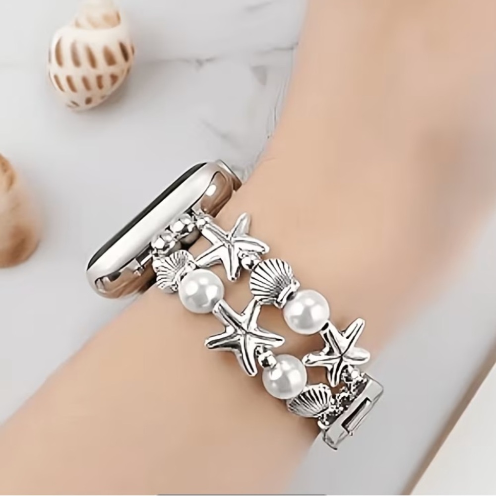 Silver Seashell & Starfish Pearl Bracelet Watch Band for Apple Watch